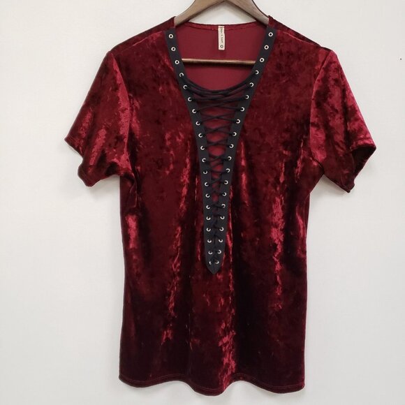 Emma & Sam Womens Velvet Lace Up Top Size M Red Edwardian Whimsigoth Vampire - Picture 1 of 10